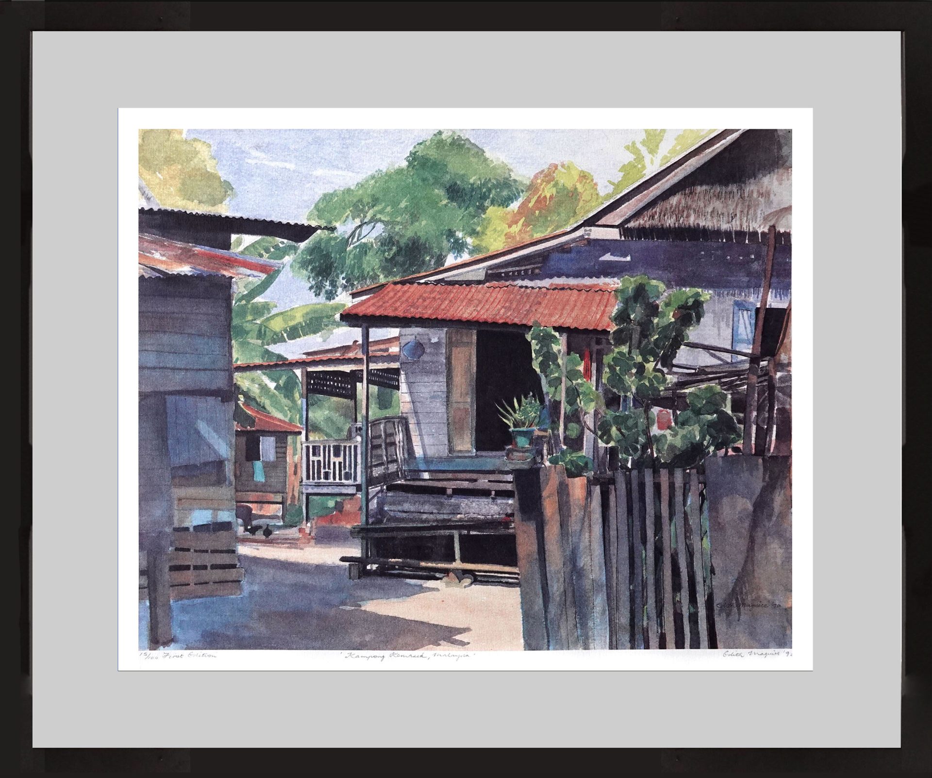 watercolour painting of early Singapore Kampong Scenes